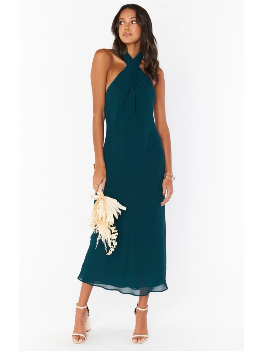 Show Me Your Mumu “Jasmine” emerald halter open-back midi dress (large)
